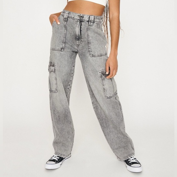 Garage Denim - Garage Grey Acid Wash Wide-Leg Cargo Stretchy Pants